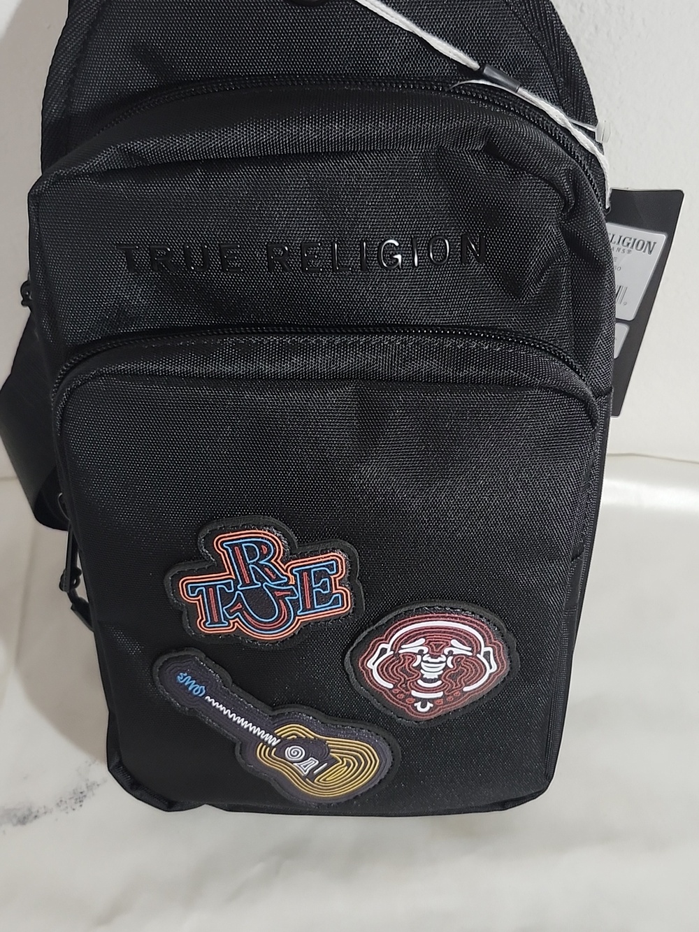True Religion Black Crossbody Sling Bag with Patches For Women Or Men - Picture 5 of 5